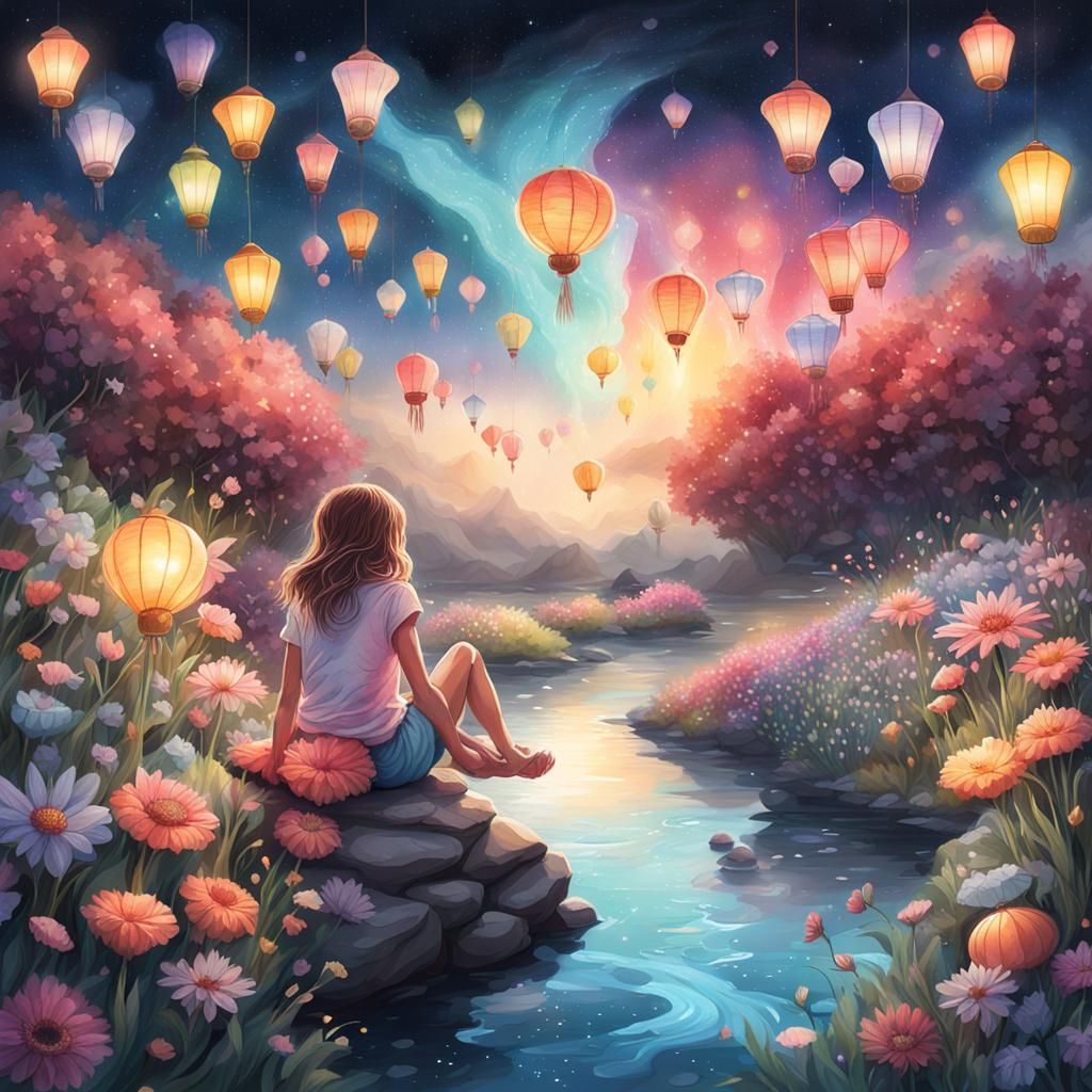 Whimsical Candyland River Scene with Lanterns