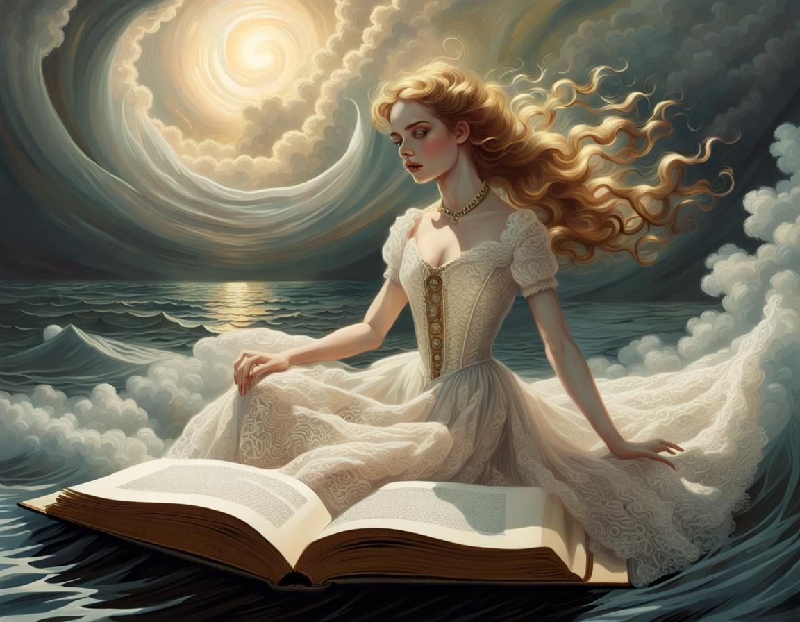 Lace Doll Sails from Book in Surreal Style