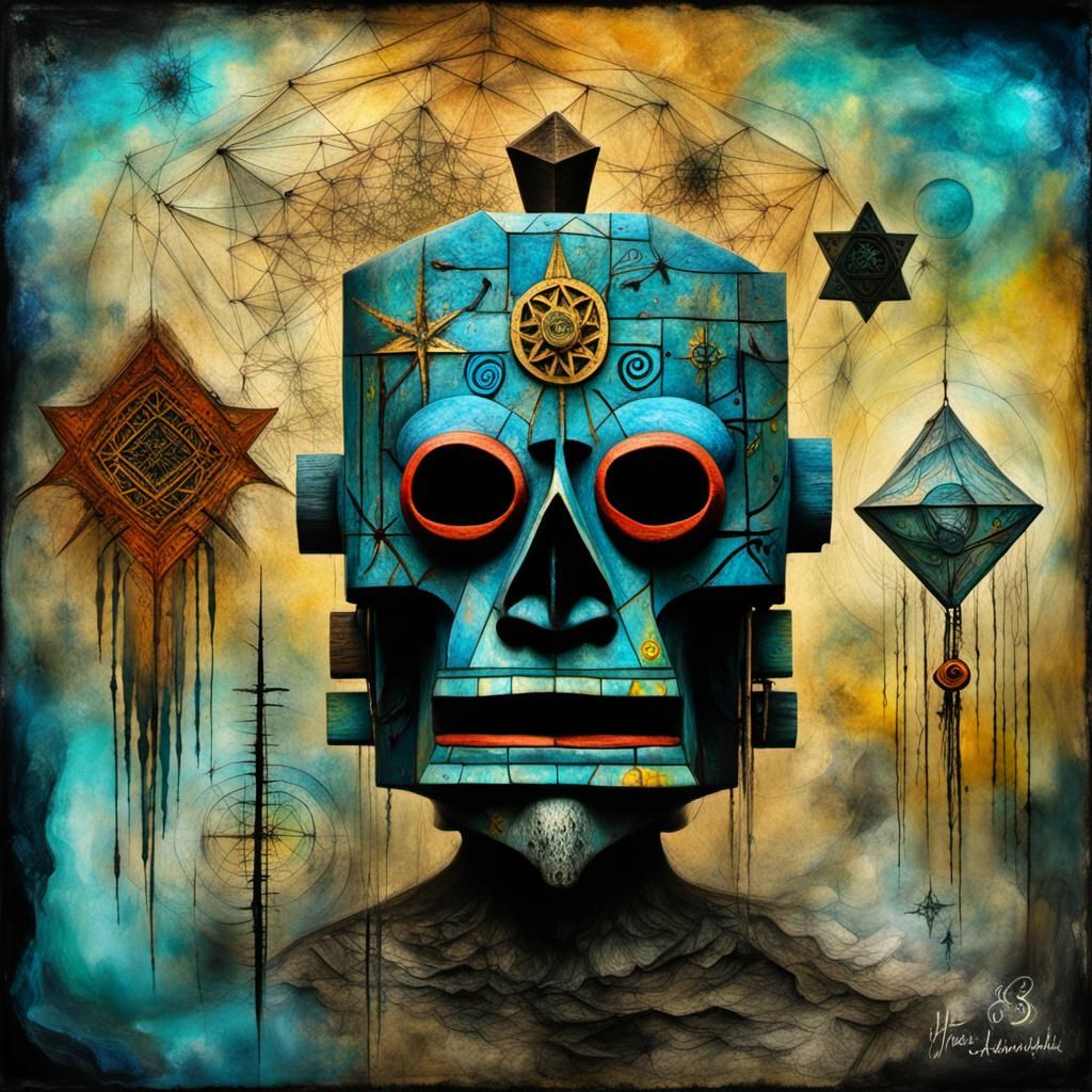 Surreal Tiki Mask in Chemtrails Futurism