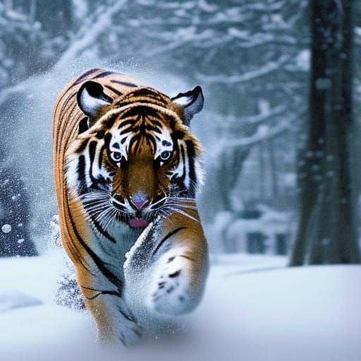 Tiger Chase in Snowy Landscape
