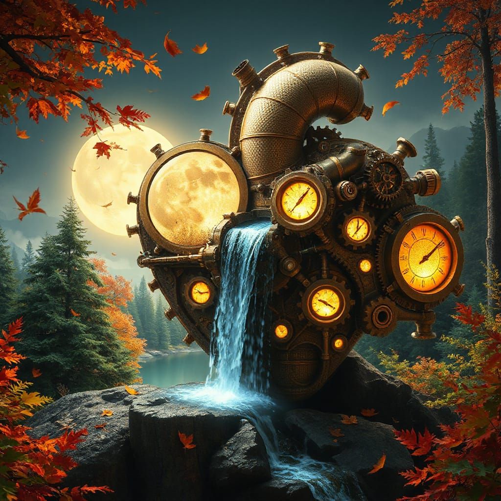 Steampunk Heart Mechanism in Moonlit Autumn Forest