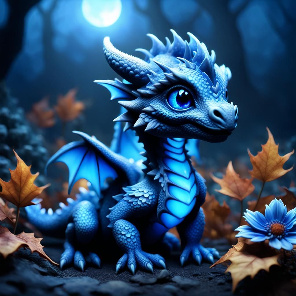 Glowing Baby Dragon in Spooky Autumn Landscape