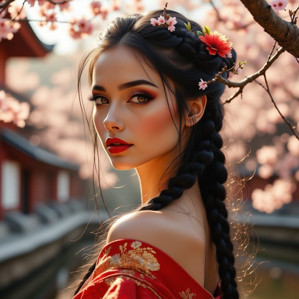 Elegant Woman in Kimono Under Sakura Tree