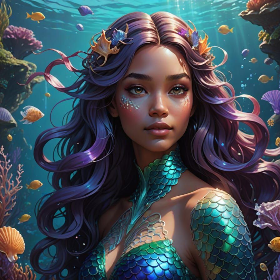 Enchanting Underwater Mermaid Portrait in Vibrant Digital Ar...