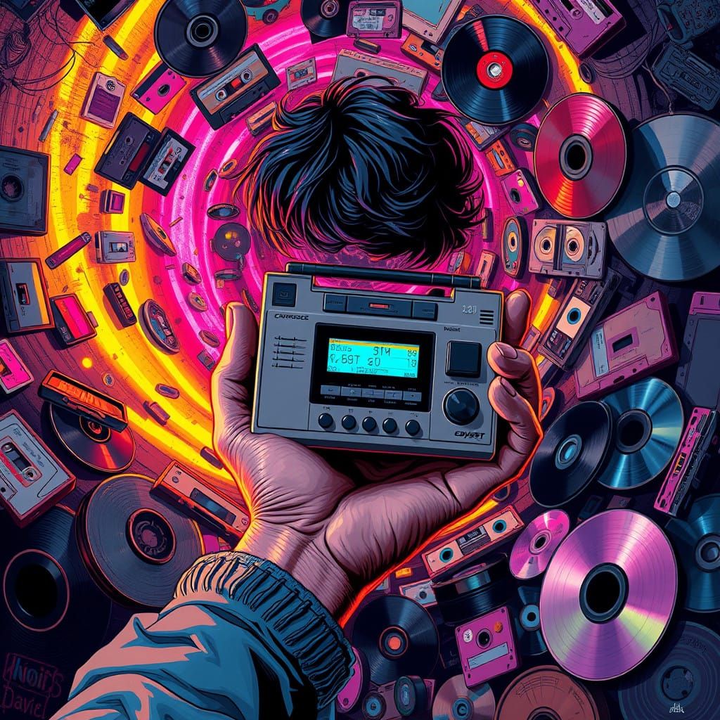 Retro Futuristic Minidisc Player in Neon Vortex