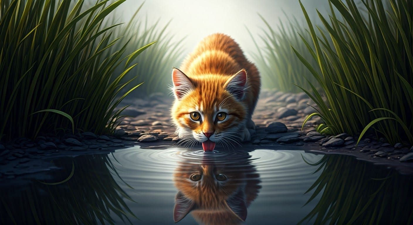 Orange Cat's Tiger Reflection: A Digital Matte Painting