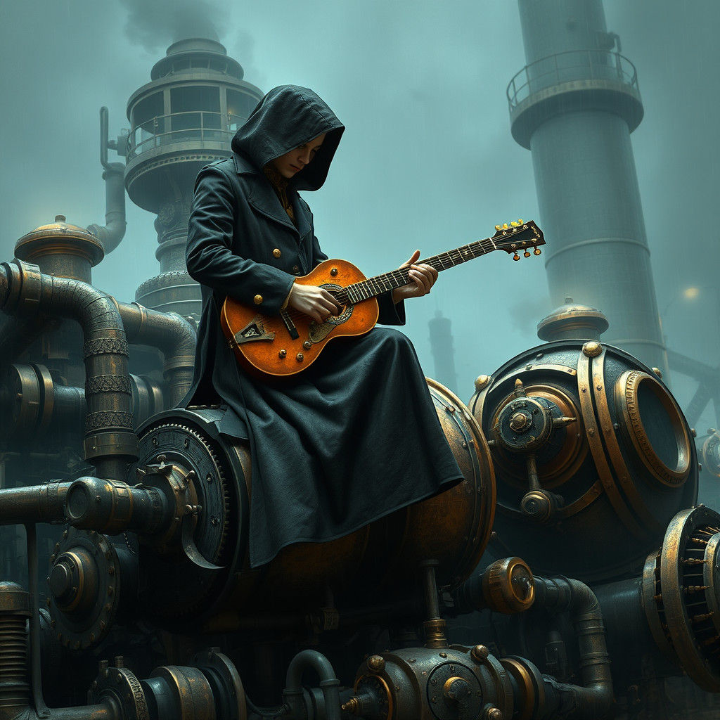 Steampunk Guitarist in an Industrial Landscape