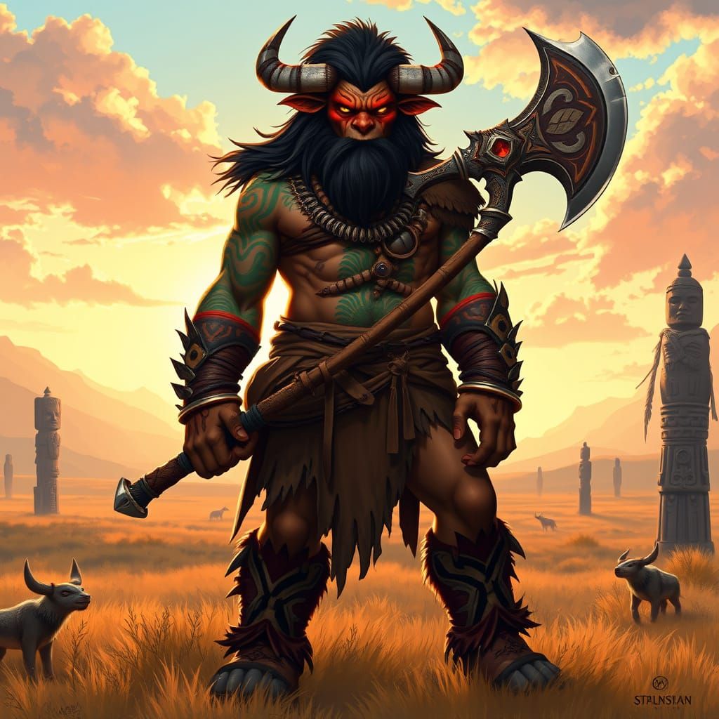 Ancient Tauren Warrior Stands Against Evil in Vibrant Prairi...