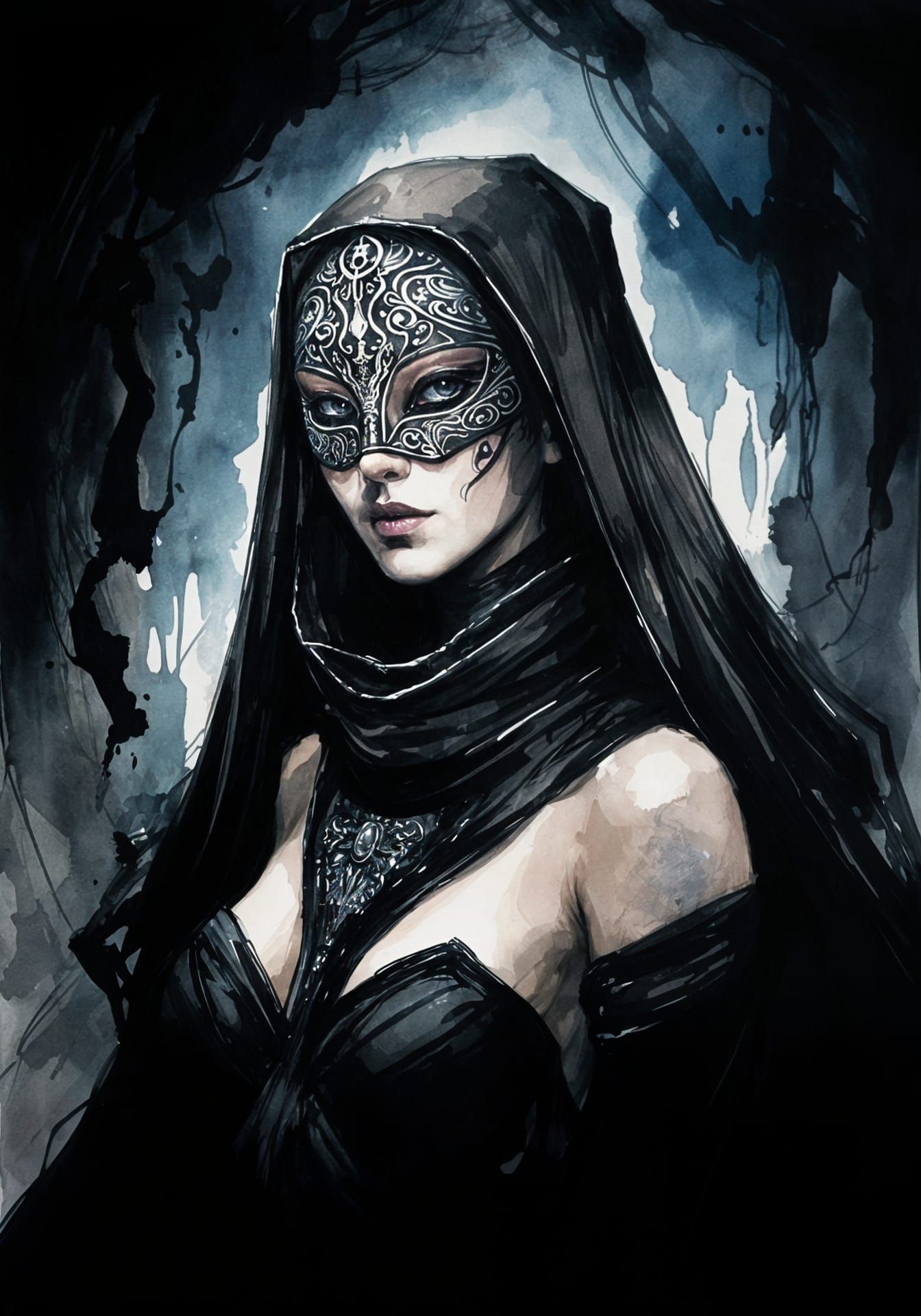 Enigmatic Night Goddess Priestess in Mystical Mask