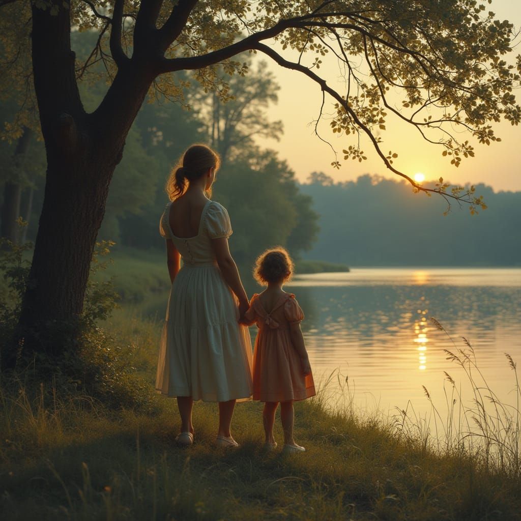 Lakeside Family Portrait in Classic Painting Style