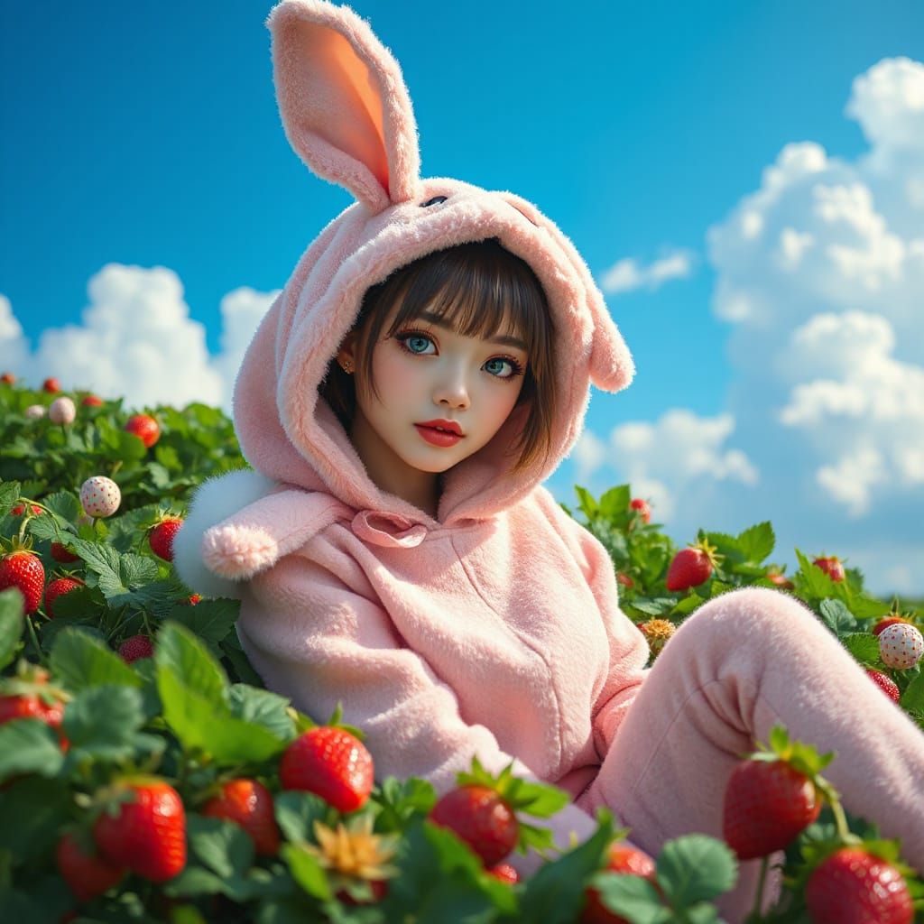 Hyperreal Kawaii Anime Woman in Mauve Easter Bunny Costume
