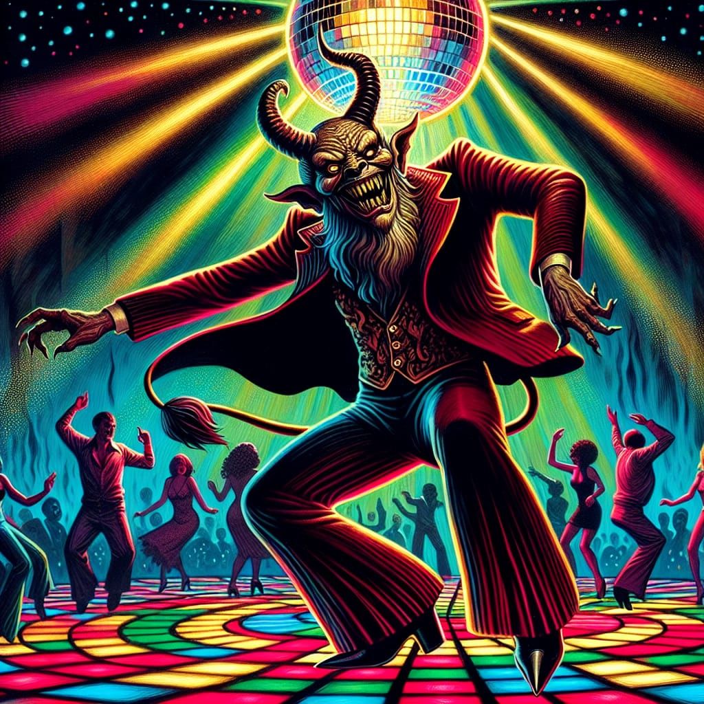 Beelzebub Dances Under Disco Lights in a Horned Disco Suit