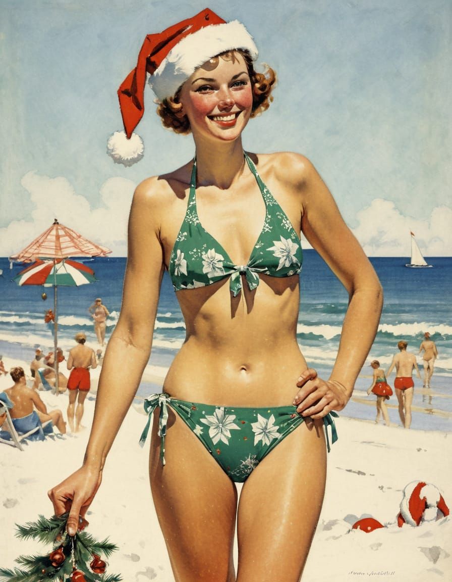 Smiling Woman in Bikini on Christmas Beach