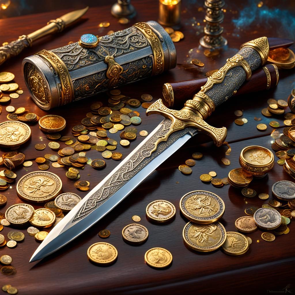 Opulent Rune Dagger on Gold Coin Treasure Pile