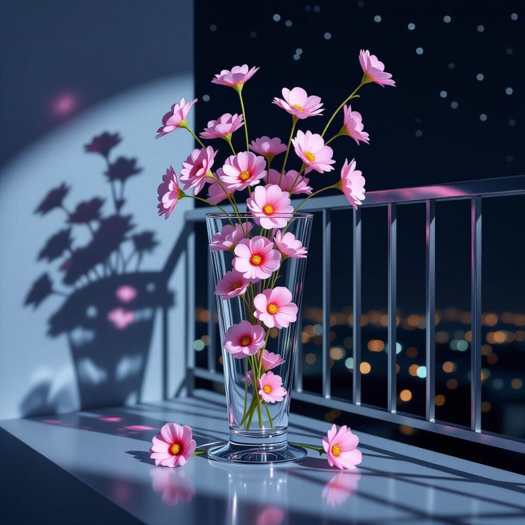 Glass of Flowers Dangling Over Balcony