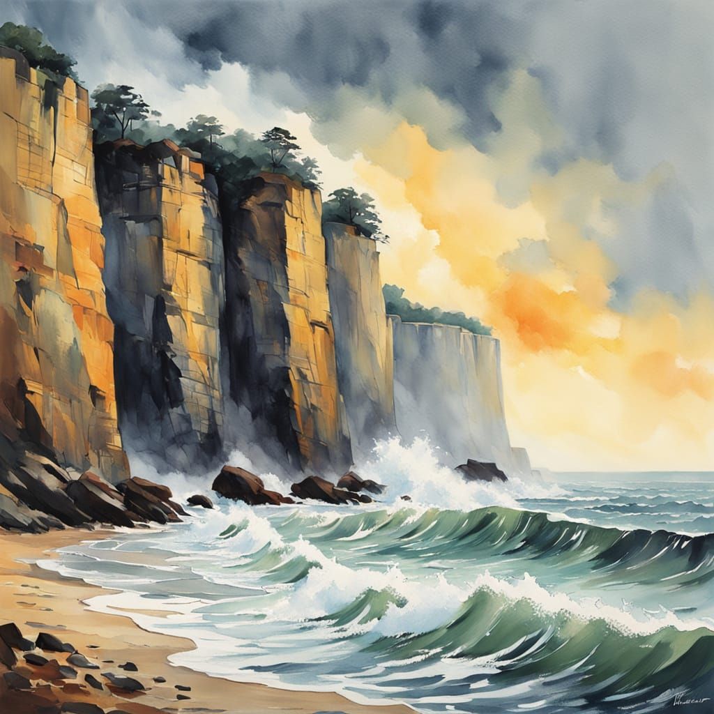 Impressionist Gouache of Waves Crashing on Cliffs