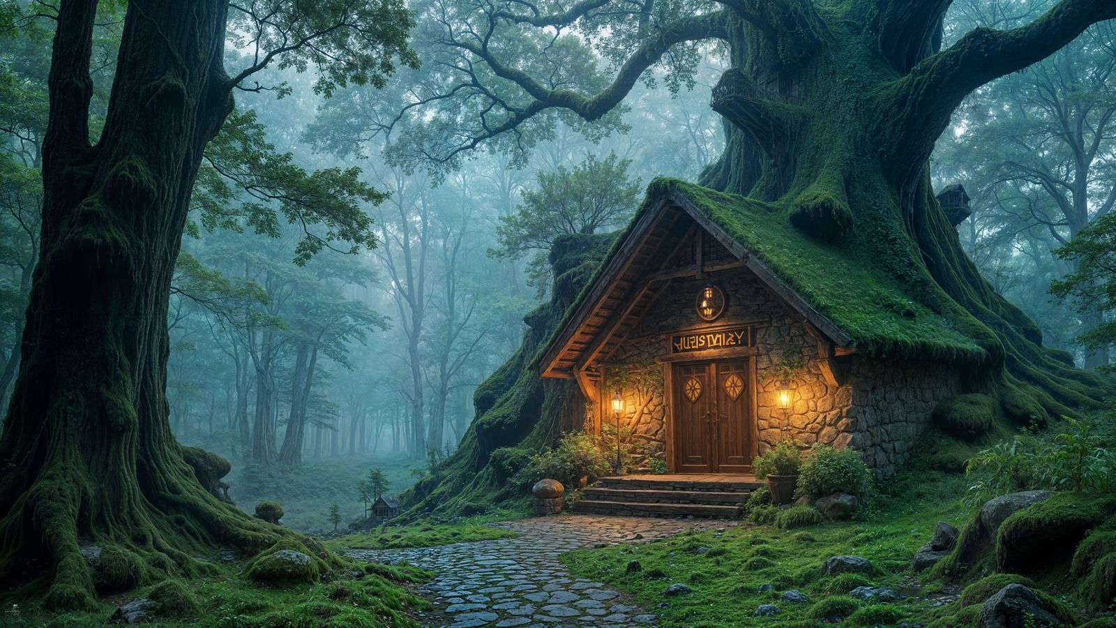 Secluded Outpost in Misty Forest, Fantasy Concept Art