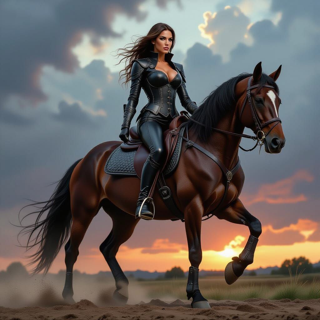 Leather-Clad Rider on Horseback in Stormy Skies
