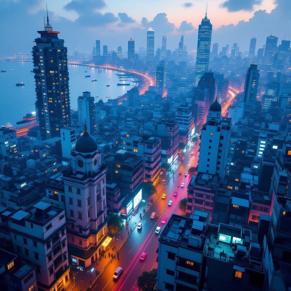 Mumbai Cityscape Aerial View in Dystopian Futuristic Style