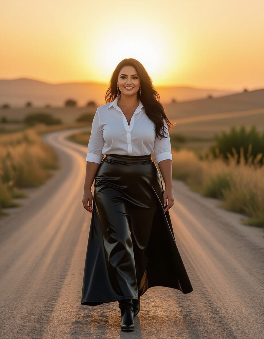 Woman Walking on Country Road at Sunset