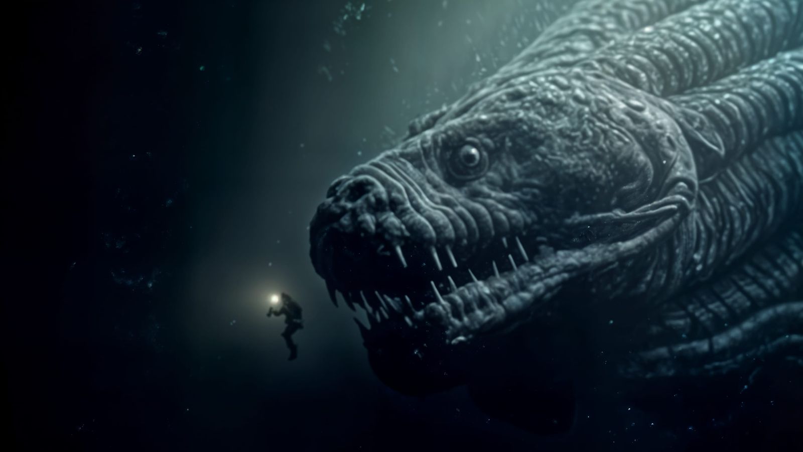 Jormungandr Chases Diver in Dark Fantasy Ocean