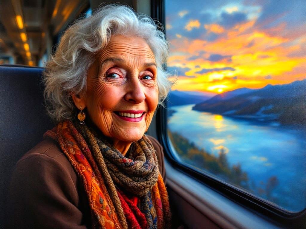 Elderly Woman's Contemplative Portrait on Sunset Train