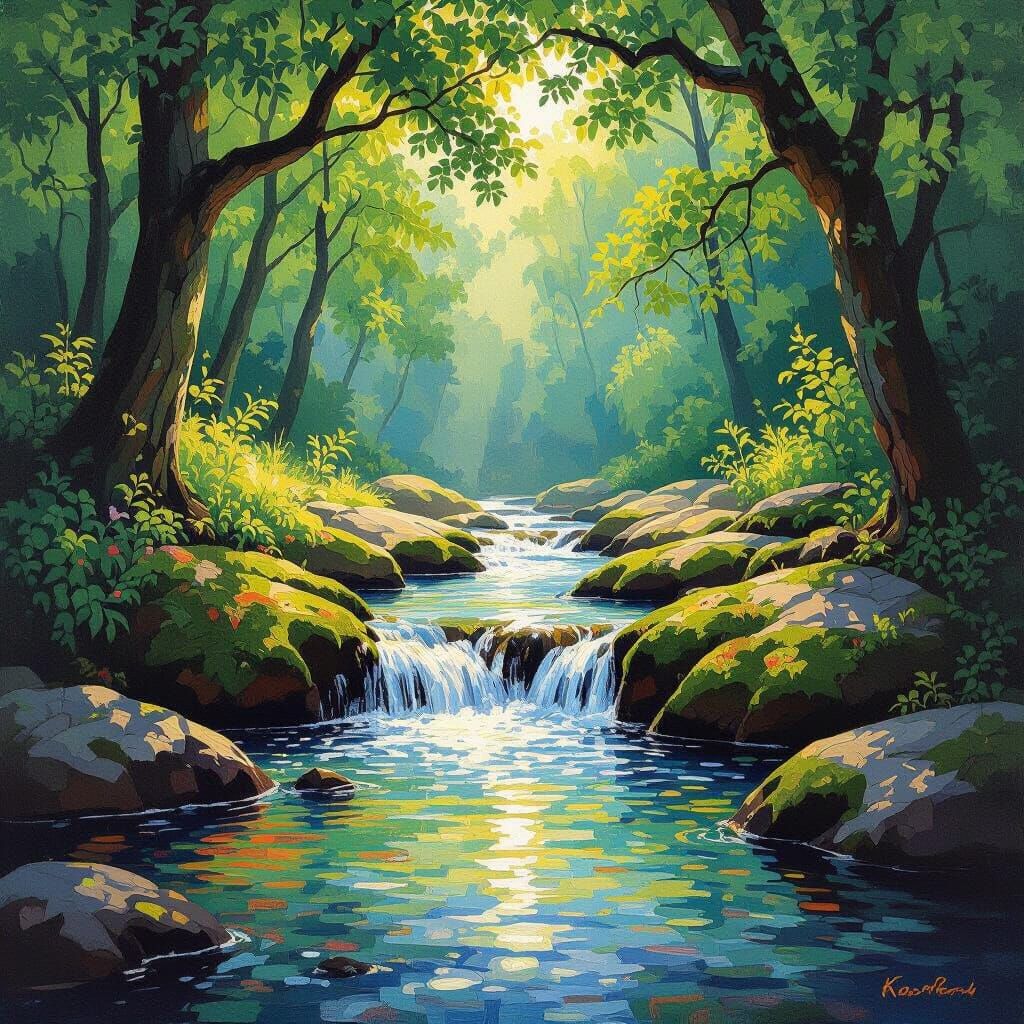 Abstract Oil Painting of a Sunlit Forest Brook