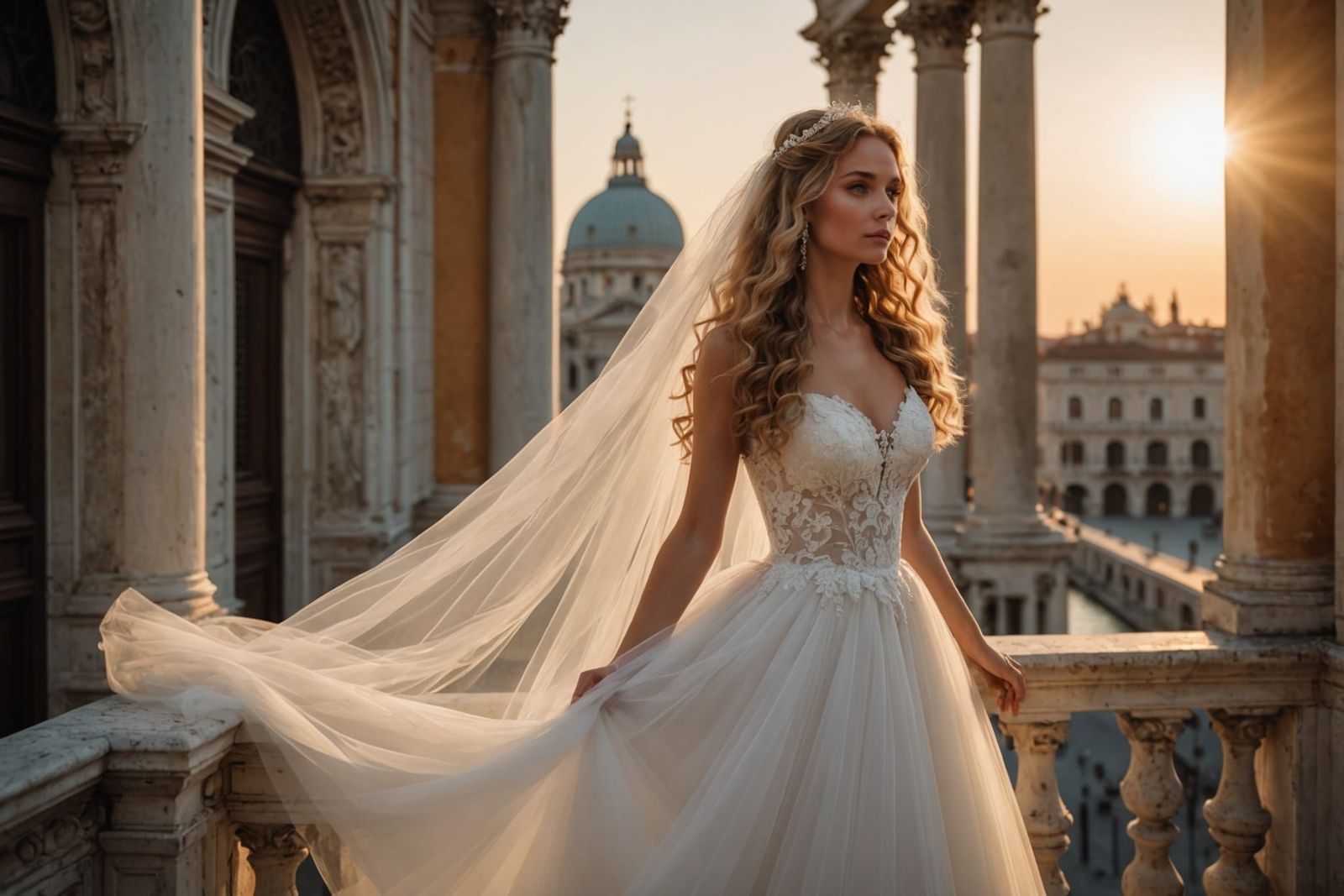 Bride in Tulle Dress at Sunset in Venice