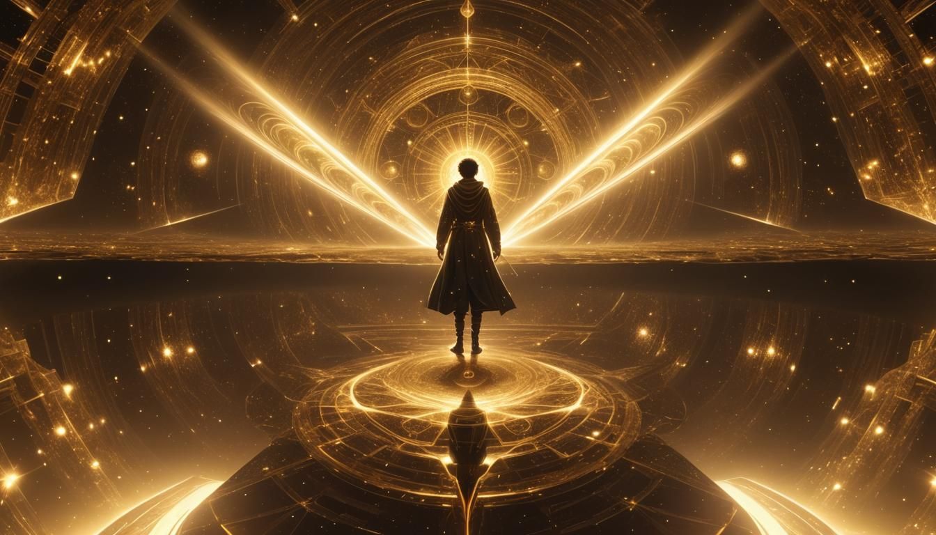 Ethereal Anime Mage in Fractal Golden Space