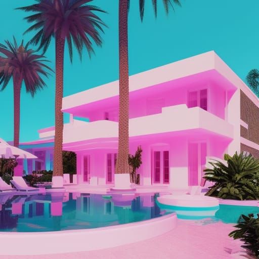 Vaporwave Dreamscape: Palms, Villa, Pink and Turquoise