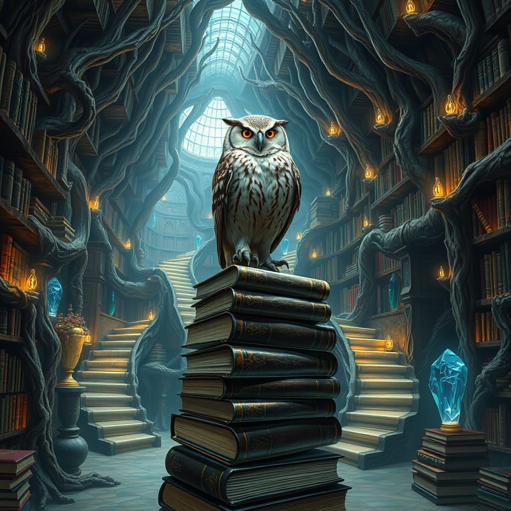 Surreal Owl Library with Floating Books