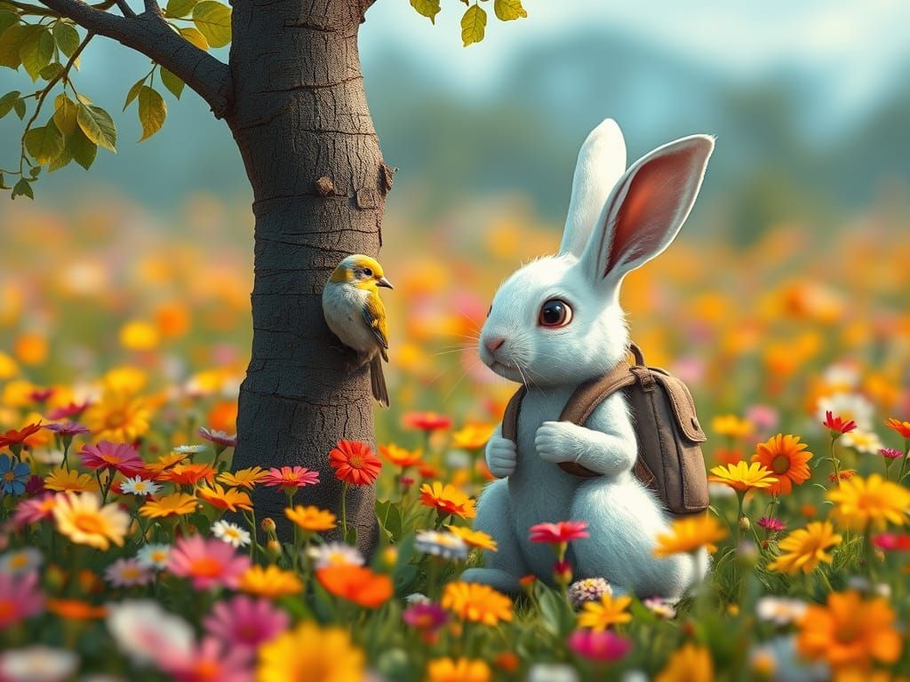 Rabbit and Budgie Chat in Colorful Flower Field