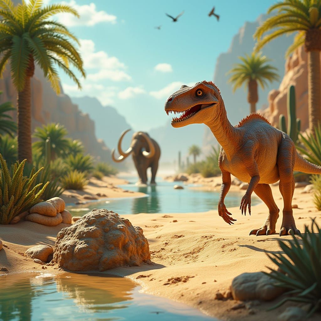 Ancient Desert Oasis Discovery in Vibrant Prehistoric Scene