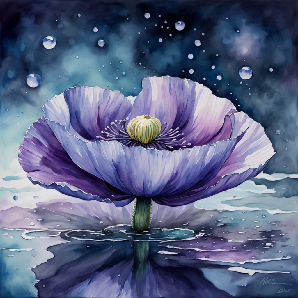 Ethereal Watercolor Poppy Floating at Night