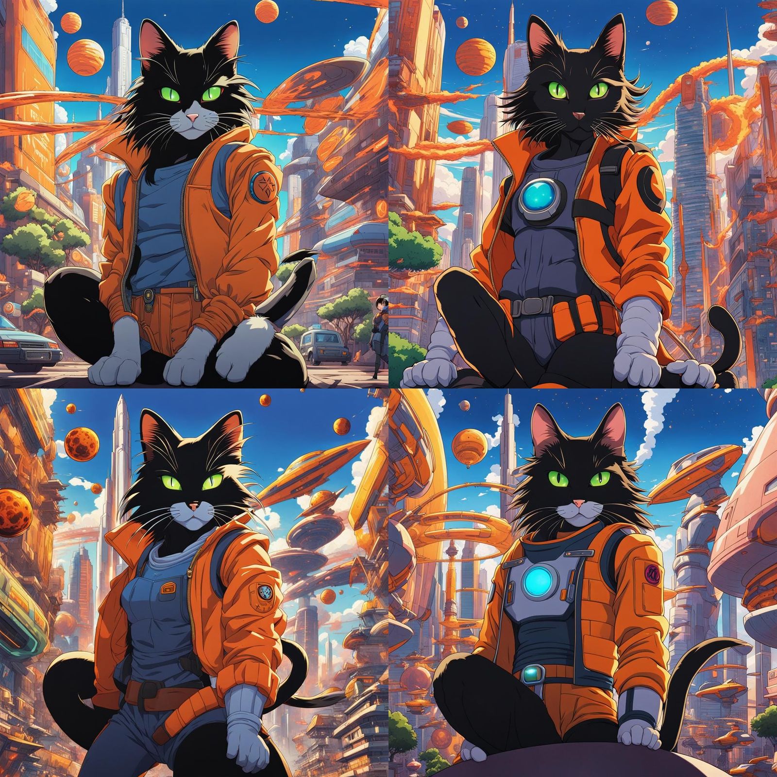 Anime Cat Warrior in Futuristic Cityscape