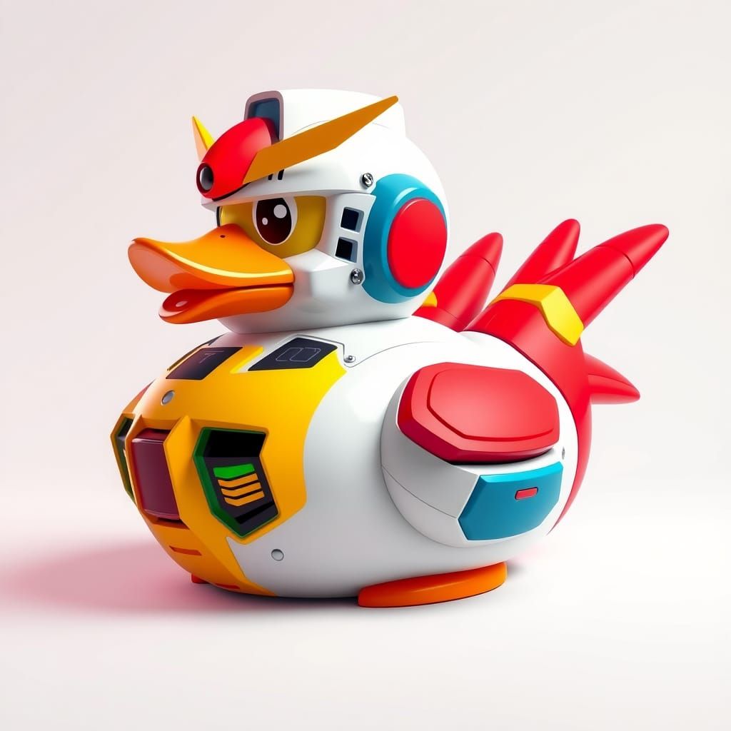 Whimsical Gundam Rubber Duck in Cel-Shaded Anime Style