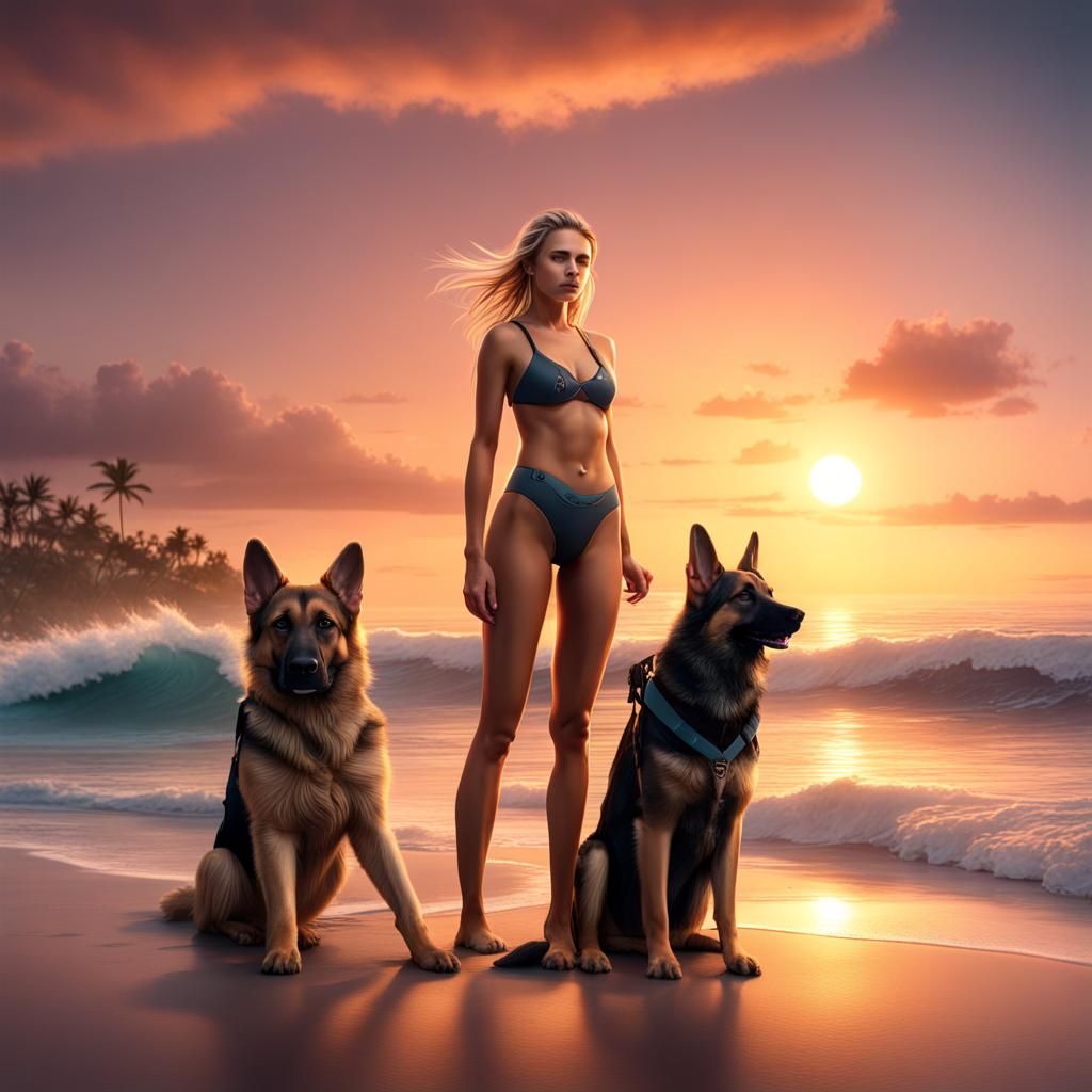 Surfer Girl and Dog on Beach at Sunset