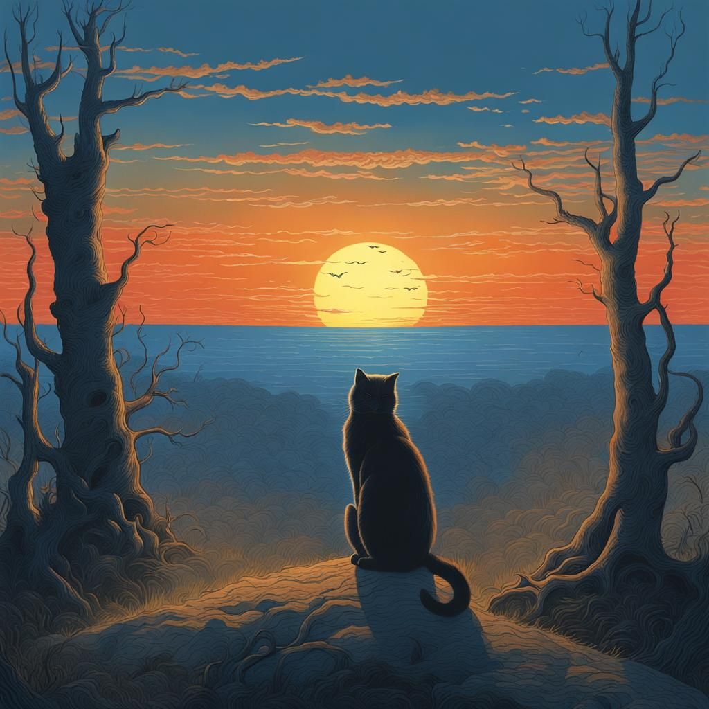 Blue Cats Gaze at Sunset, Romanticism Style