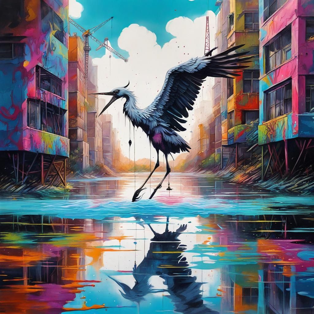 Giant Crane Over Lake in Graffiti Art Style