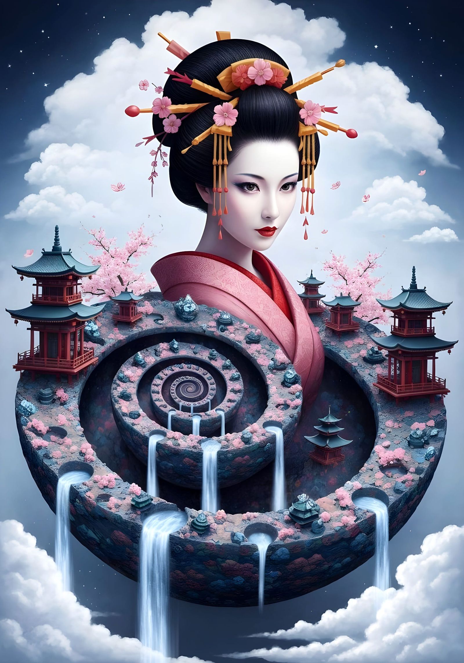 Fractal Geisha Amidst Cosmic Waterfalls and Temples