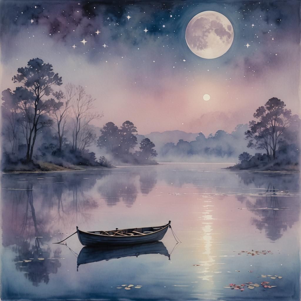 Dreamy Skiff Glides on Misty Pond as Watercolor Art