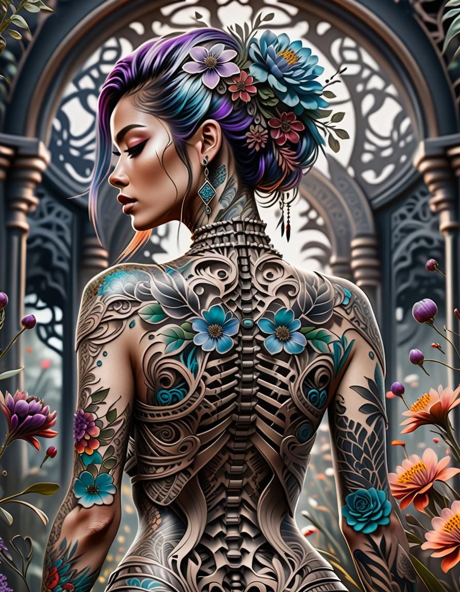 Woman with Detailed Tattoos in Fantasycore Style