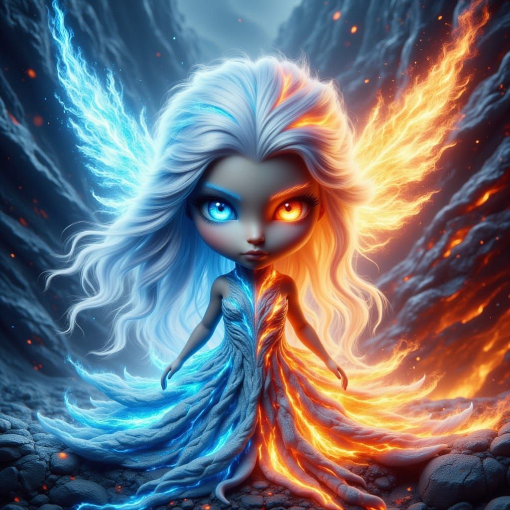 Chibi Fire and Ice Fairy in Fantasy Landscape