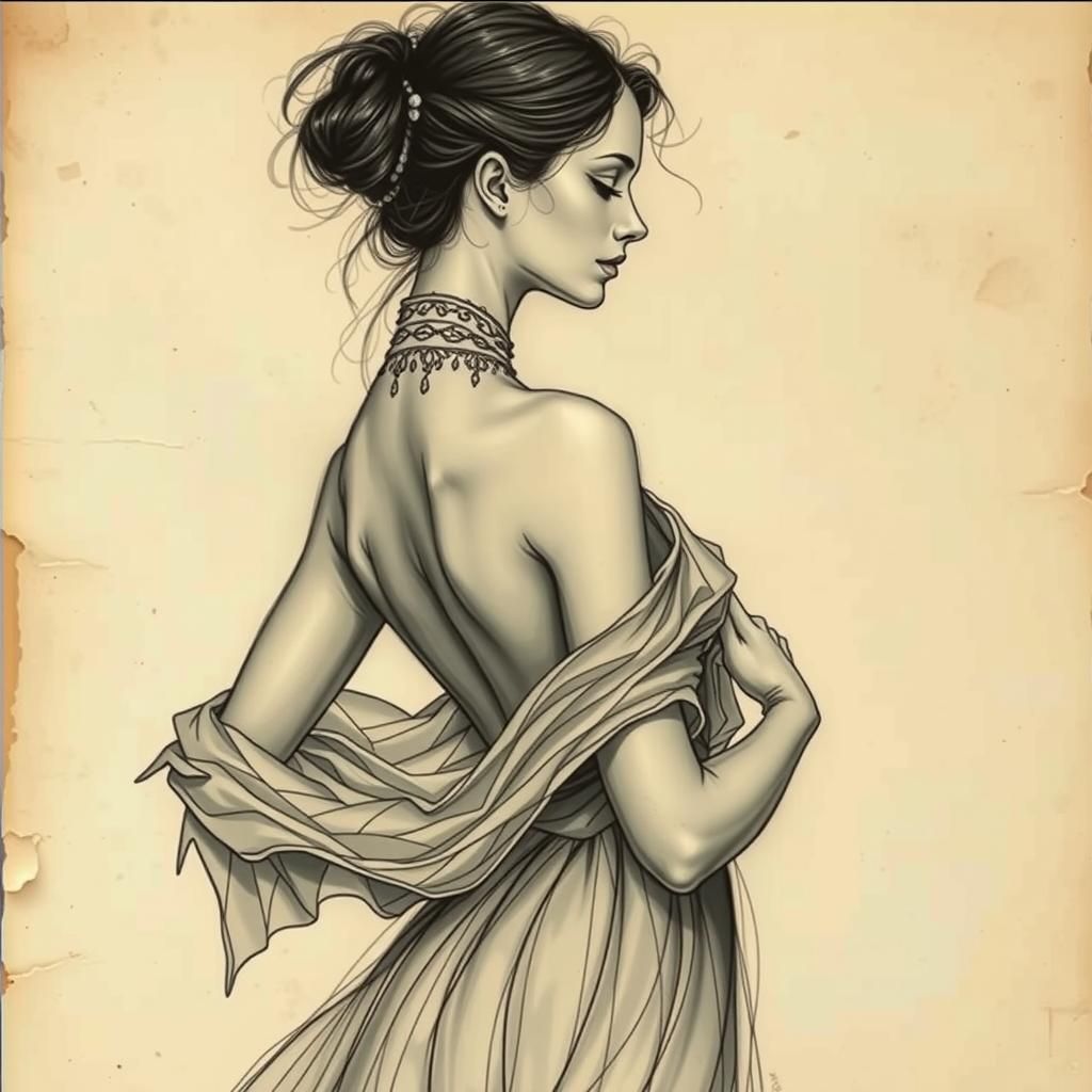 Elegant Female Figure in Charcoal Sketch Style
