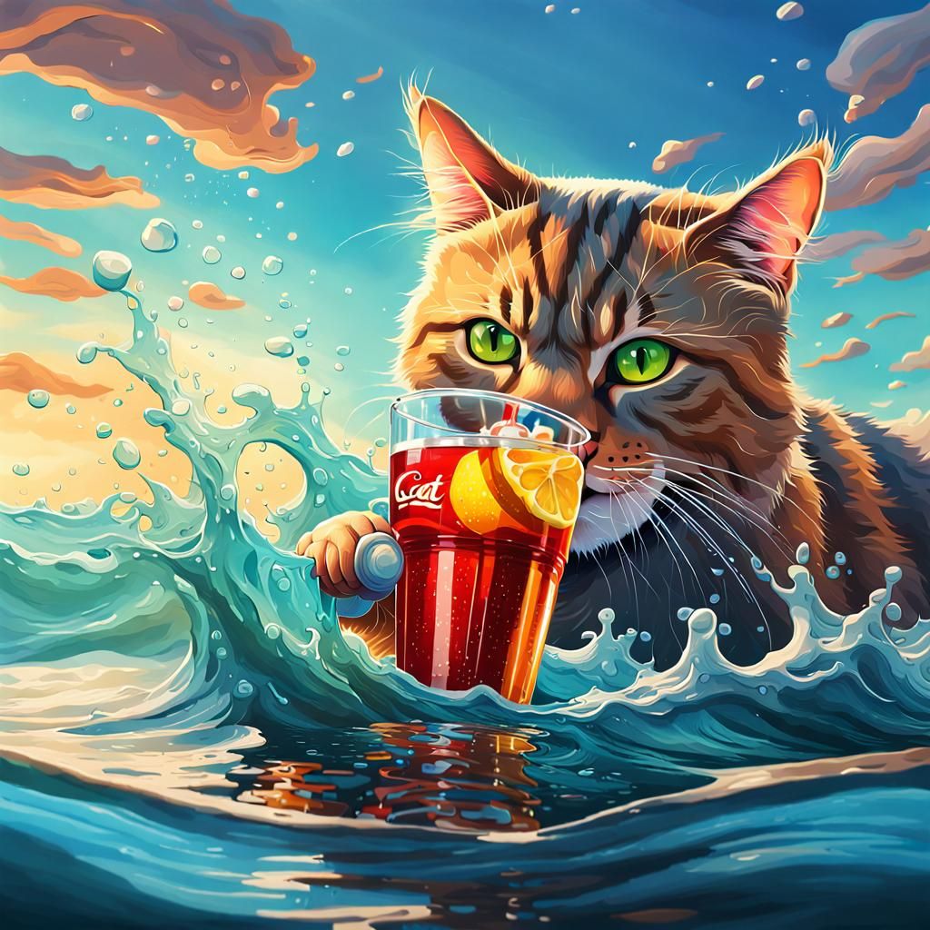 Hyperrealistic Cat Sipping Soda at Sea
