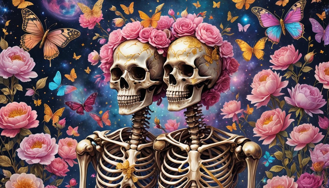 Skeleton with Butterflies and Flowers in Cosmic Style