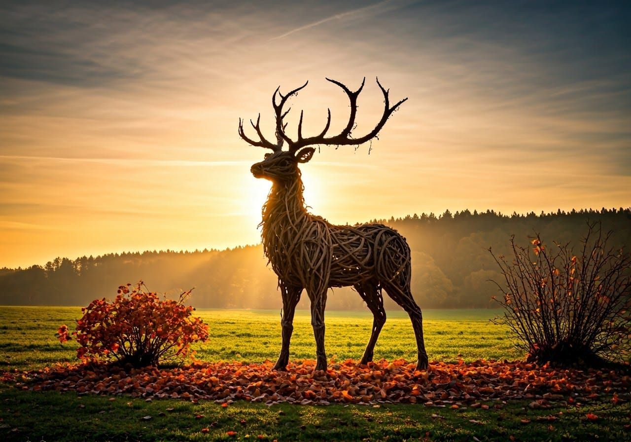 Grapevine Reindeer Sculpture in Autumn Landscape