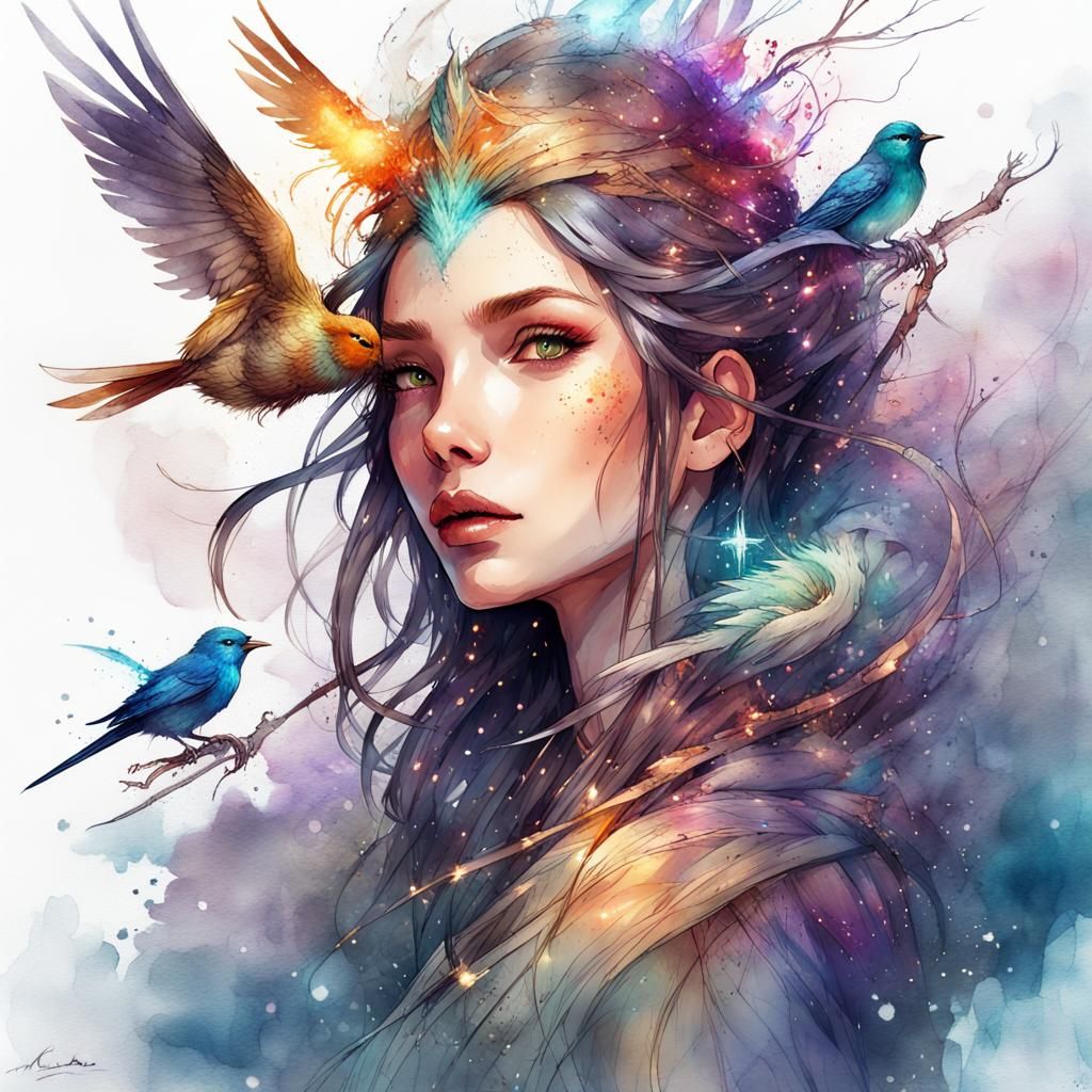 Wizard Queen with Birds: Digital Watercolor Art