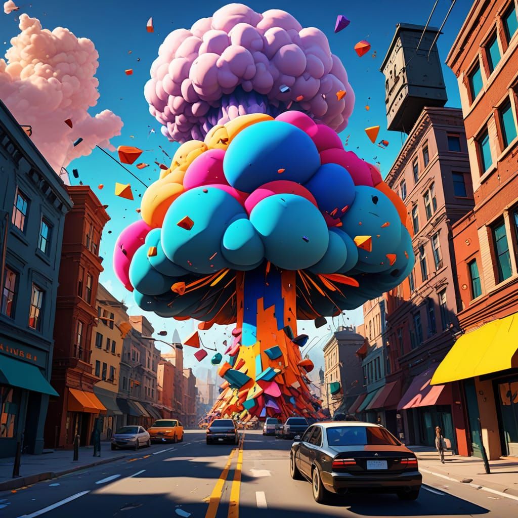 Surreal Cubist Cityscape in Vibrant, Exaggerated Chaos