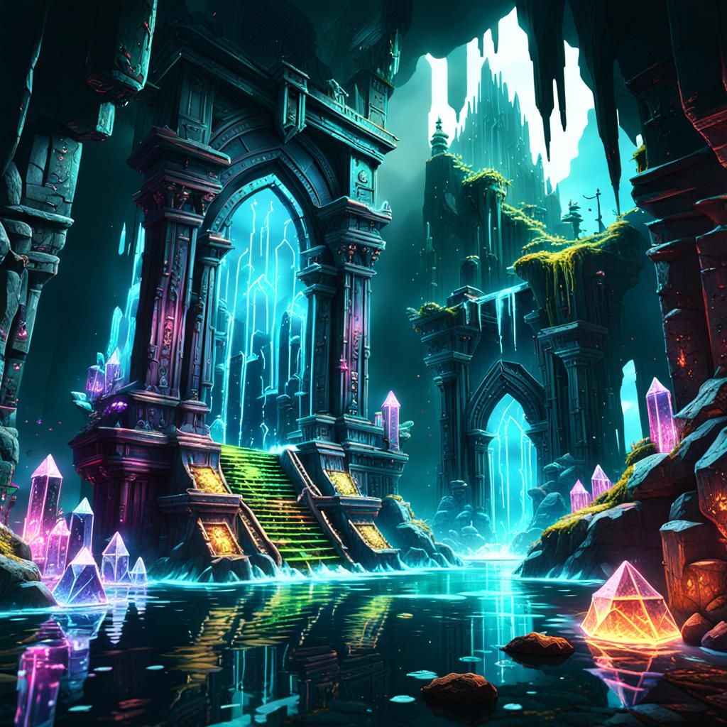 Neon Crystal Water Dungeon in Fantasy Concept Art